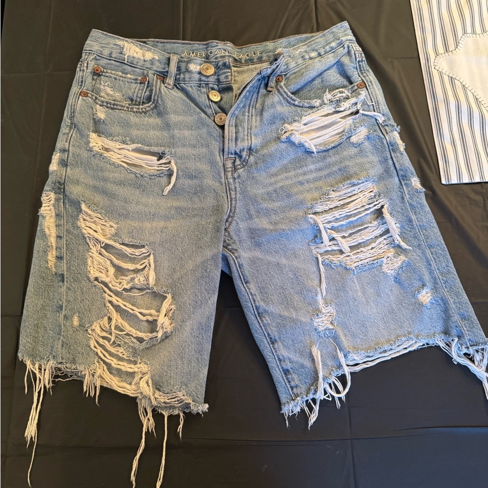 American Eagle Outfitters Light Blue Distressed High-Rise Cutoff Jean Shorts